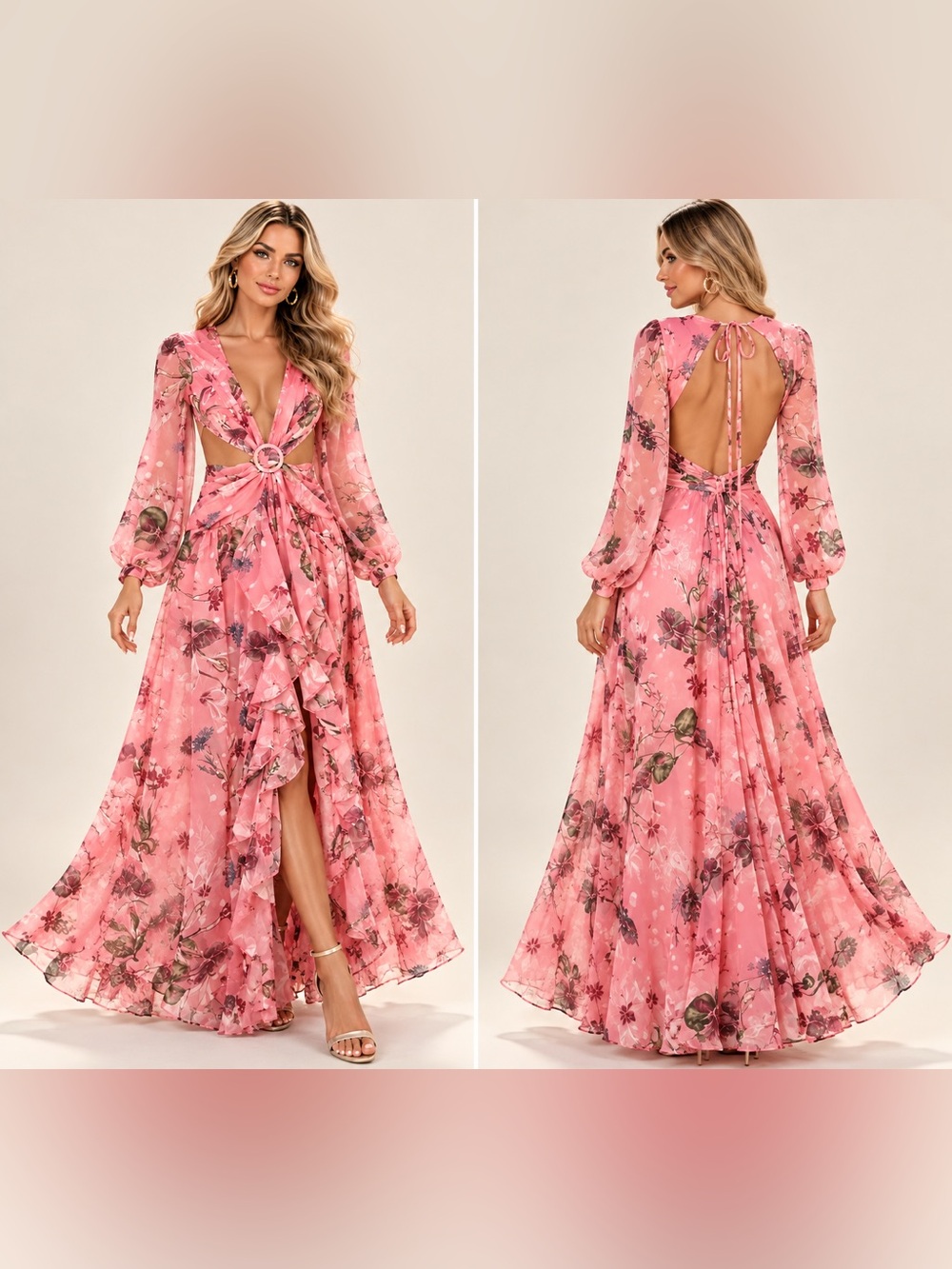 NWT Rosevelvet Pink Floral Cutout Ruffle Maxi Dress Size S Romantic Resort